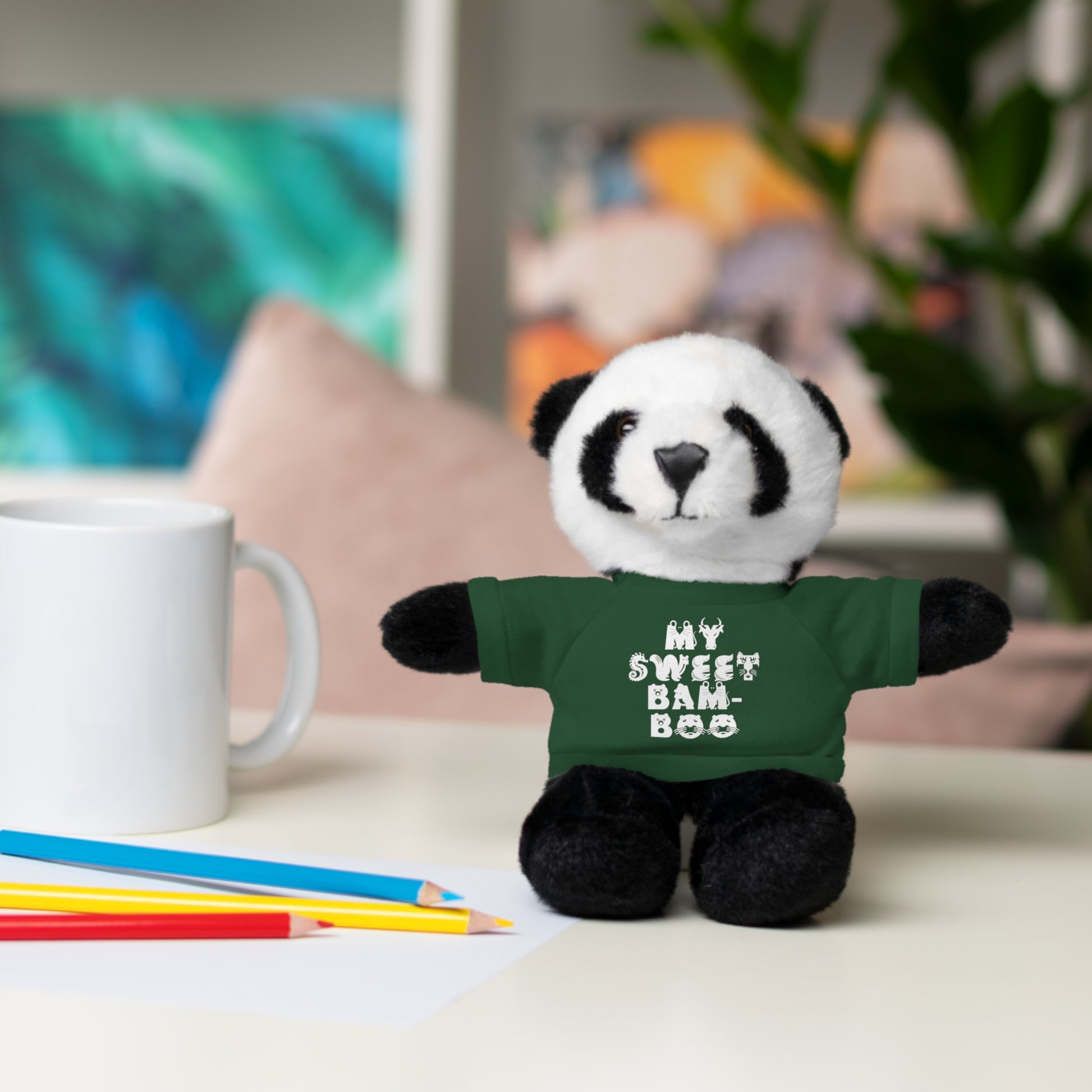 Panda with forest green t-shirt reading "my sweet bamboo"