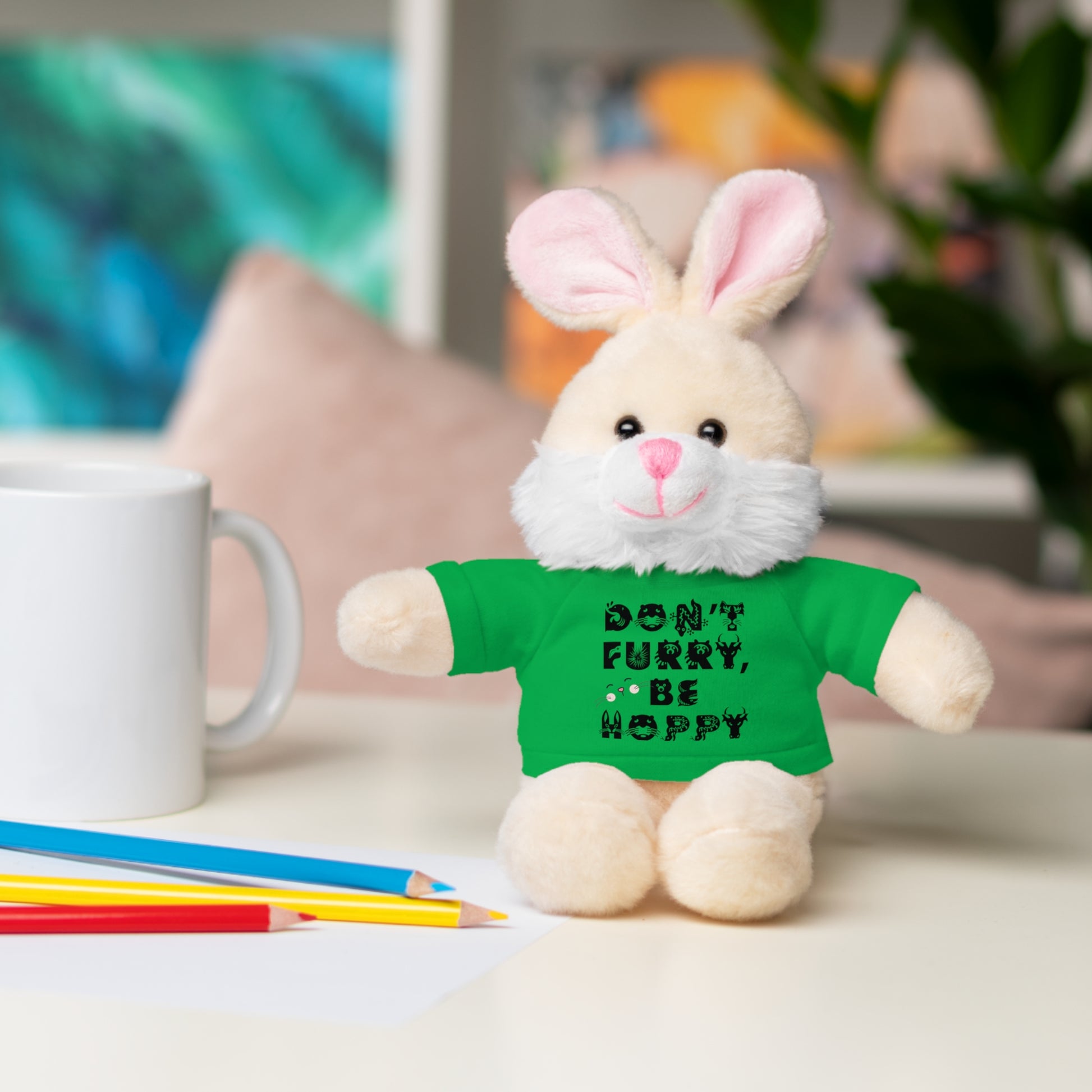 Bunny with Irish green t-shirt reading "Don't Furry, Be Hoppy"